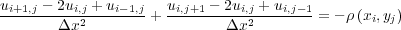 ui+1,j --2ui,j +-ui--1,j+ ui,j+1---2ui,j +-ui,j-1= - ρ(x ,y )
       Δx2                  Δx2               i j

