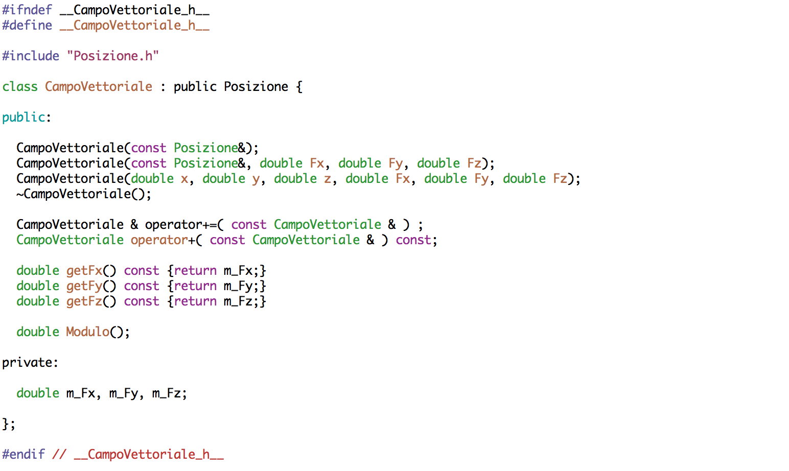 Header file della classe CampoVettoriale